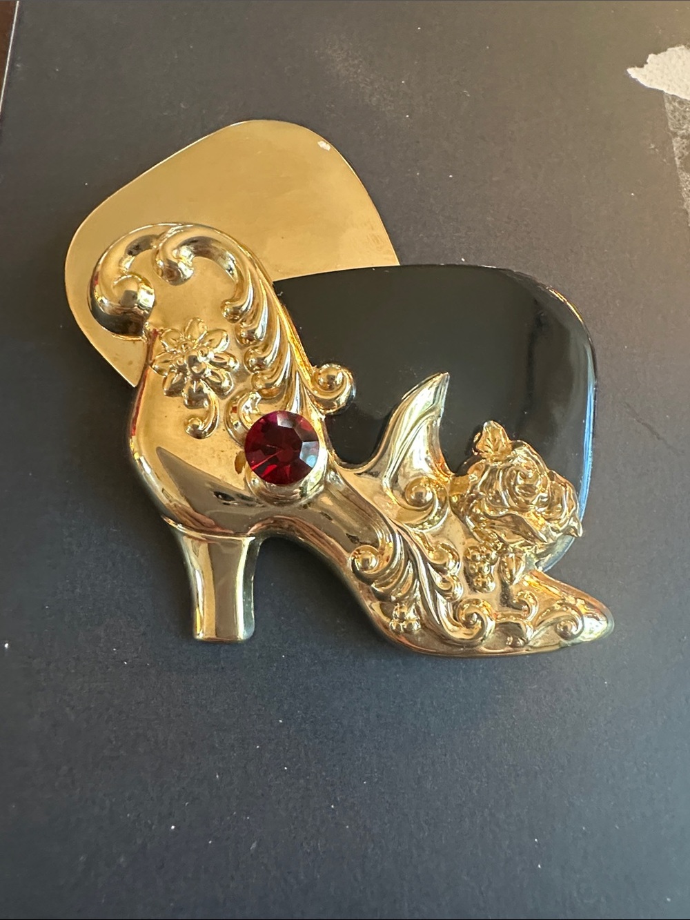 3” 80’s enameled brass, high relief ornate shoe with Czech Glass Ruby coloured G